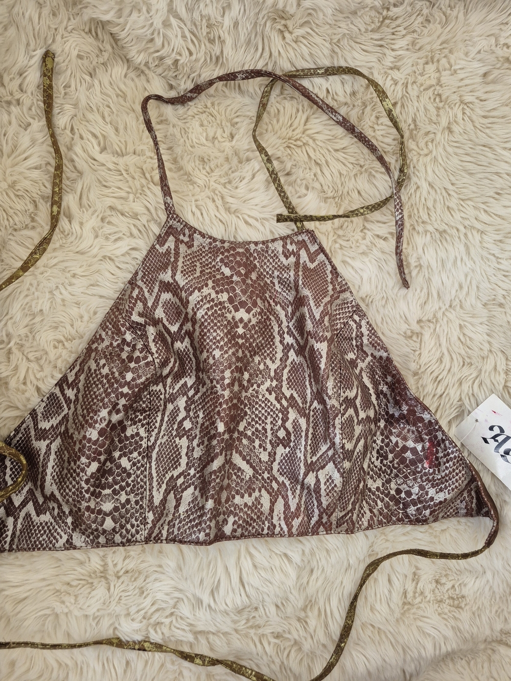 VTG Snake Print Halter Crop Top in Brown & Cream